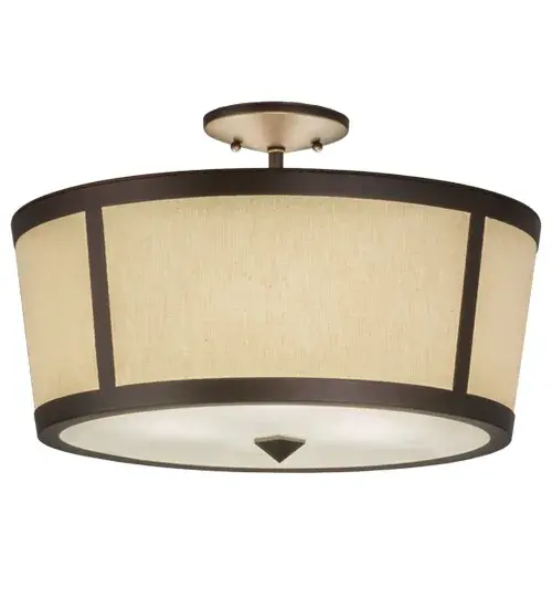 Designed with a tapered profile and a clean architectural look; this appealing and versatile ceiling fixture defines a casual; yet refined aesthetic. This fixture features Natural Textrene which is complemented with a Contrail Mist Idalight bottom diffuser. The hardware; frame and decorative accents are featured in a Mahogany Bronze finish. Handcrafted by highly skilled artisans in our manufacturing facility in Upstate New York; this transitional styled semi-flushmount is available in a wide range of custom choices including various designs; colors; sizes and dimmable energy efficient lamping options such as LED. This fixture is UL and cUL listed for damp and dry locations. - alternate view