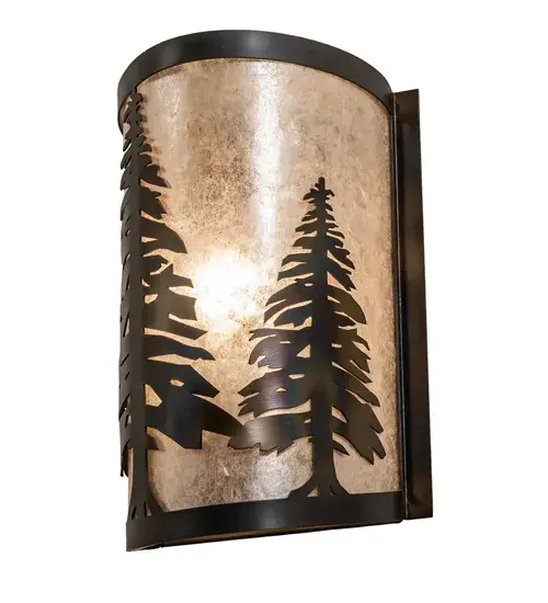 A stunning nature inspired stand of Tall Pines is depicted while the morning sun rises in the background. Soft ambient light is diffused beautifully through a stunning Silver Mica lens and complemented with Dark Burnished Antique Copper finished accents and frame. Creates beautiful beams of upward and downward light on the wall. This sconce is Made to Order in our 180,000 square foot manufacturing facility in Yorkville, New York, at the foothills of the Adirondack Mountains. Diffuser colors, metal finishes and fixture sizes can be customized to your needs. UL and cUL listed for dry and damp locations. Collection: Tall Pines Finish: Dark Burnished Antique Copper Glass: Silver Mica Width: 8.50" Height: 12.00" Length: 4.25" Weight: 2.50 lb Extension from Wall: 4.25" Number of Bulbs: 1 Maximum Wattage: 60.00 W Bulb Type: A19 Bulb Base: E26 Material: Steel Country of Origin: USA Safety Listing: Damp Safety Rating: Damp - alternate view