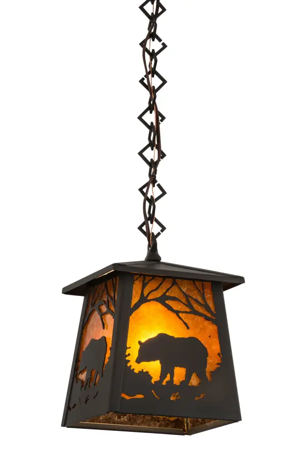 A wildlife inspired setting features a majestic Bear wandering through the woods while the glorious sun rises at the crack of dawn in the background. Soft ambient light is diffused beautifully through Amber Mica which is complemented with a Wrought Iron finish. Overall height ranges from 13 to 43 inches as the chain can be easily adjusted in the field. This mini pendant can be mounted in groups to create a stunning design statement across bars, tables, counters and islands. The Bear at Dawn fixture is Domestically Produced in the USA at our Yorkville, NY manufacturing facility. Customize lantern colors, metal finishes and fixture sizes. UL and cUL listed for dry and damp locations. Collection: Bear At Dawn Finish: Wrought Iron Glass: Amber Mica Width: 10.00" Height: 13.00" Length: 7.00" Weight: 6.50 lb Number of Bulbs: 1 Maximum Wattage: 60.00 W Bulb Type: A19 Bulb Base: E26 Color Temperature: 3000 K Material: Steel Country of Origin: USA Safety Listing: Damp Safety Rating: Damp