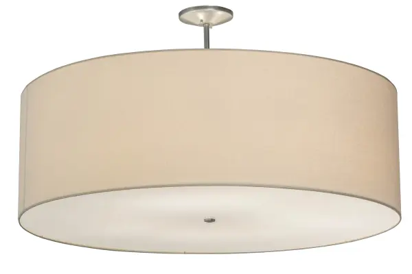 Designed with a round profile and a clean architectural look, this appealing and versatile ceiling fixture defines a sophisticated aesthetic. This Natural Textrene shade is designed with a Statuario Idalight bottom diffuser. Handcrafted by highly skilled artisans in our 180,000 square foot manufacturing facility in Yorkville, New York, this transitional styled pendant is available in a wide range of custom choices including various designs, colors, sizes and dimmable energy efficient lamping options such as LED. This fixture is UL and cUL listed for damp and dry locations. Collection: Cilindro Finish: Nickel Glass: Natural Textrene Width: 48.00" Height: 17.50" Length: 48.00" Weight: 32.00 lb Number of Bulbs: 8 Maximum Wattage: 60.00 W Bulb Type: A19 Bulb Base: E26 Material: Steel Country of Origin: USA Safety Listing: Dry Safety Rating: Damp