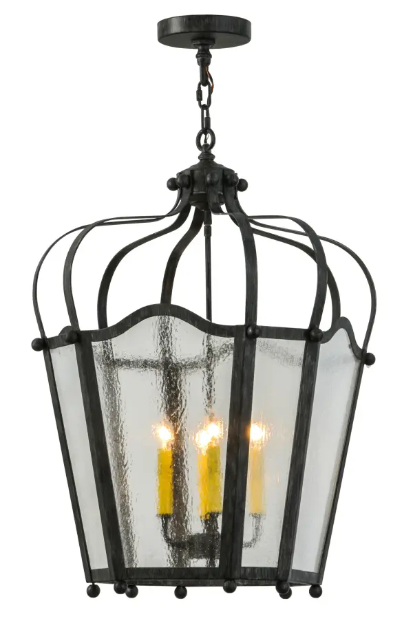 Utilizing a blend of timeless craftsmanship and classic design, the ever-popular Citadel brings home unsurpassed quality and shapely appeal. Evoking a dramatic effect, beautiful ambient light is evoked through Clear Seeded Glass which reveals a 4-light faux candelabra featured within this pendant. Citadel is enhanced with a dramatic design and frame featured in an Antique Iron Gate finish. The fixture is handcrafted by skilled artisans in our 180,000 square foot manufacturing facility in Yorkville, New York. Custom options include various sizes, colors, designs and dimmable energy efficient lamping. This fixture is UL and cUL listed for damp and dry locations. Collection: Citadel Finish: Antique Iron Gate Glass: Clear Seeded Glass Width: 22.00" Height: 36.00" Length: 22.00" Weight: 30.00 lb Extension from Wall: 4.25" Number of Bulbs: 4 Maximum Wattage: 60.00 W Bulb Type: BA9 Bulb Base: Candelabra Material: Steel Country of Origin: USA Safety Listing: Damp Safety Rating: Damp