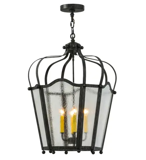 Utilizing a blend of timeless craftsmanship and classic design, the ever-popular Citadel brings home unsurpassed quality and shapely appeal. Evoking a dramatic effect, beautiful ambient light is evoked through Clear Seeded Glass which reveals a 4-light faux candelabra featured within this pendant. Citadel is enhanced with a dramatic design and frame featured in an Antique Iron Gate finish. The fixture is handcrafted by skilled artisans in our 180,000 square foot manufacturing facility in Yorkville, New York. Custom options include various sizes, colors, designs and dimmable energy efficient lamping. This fixture is UL and cUL listed for damp and dry locations. Collection: Citadel Finish: Antique Iron Gate Glass: Clear Seeded Glass Width: 22.00" Height: 36.00" Length: 22.00" Weight: 30.00 lb Extension from Wall: 4.25" Number of Bulbs: 4 Maximum Wattage: 60.00 W Bulb Type: BA9 Bulb Base: Candelabra Material: Steel Country of Origin: USA Safety Listing: Damp Safety Rating: Damp - alternate view