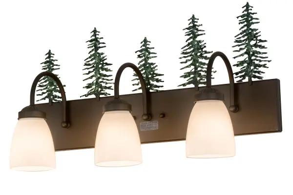 A handsome stand of Handpainted Green Tall Pine trees overlooks an array of three decorative White glass shades that are embraced by curved arms to a frame featured in a warm Oil Rubbed Bronze finish. Functional down lighting radiates from this wall fixture; which is perfect for a vanity light in a powder room or a wall sconce in a corridor. Custom crafted by our highly skilled artisans; the fixture is created in our manufacturing facility at the foothills of the spectacular Adirondack Mountains in the USA. Custom styles; sizes; and colors are available; as well as dimmable energy-efficient lamping options such as LED. The fixture is UL and cUL listed for damp and dry locations.