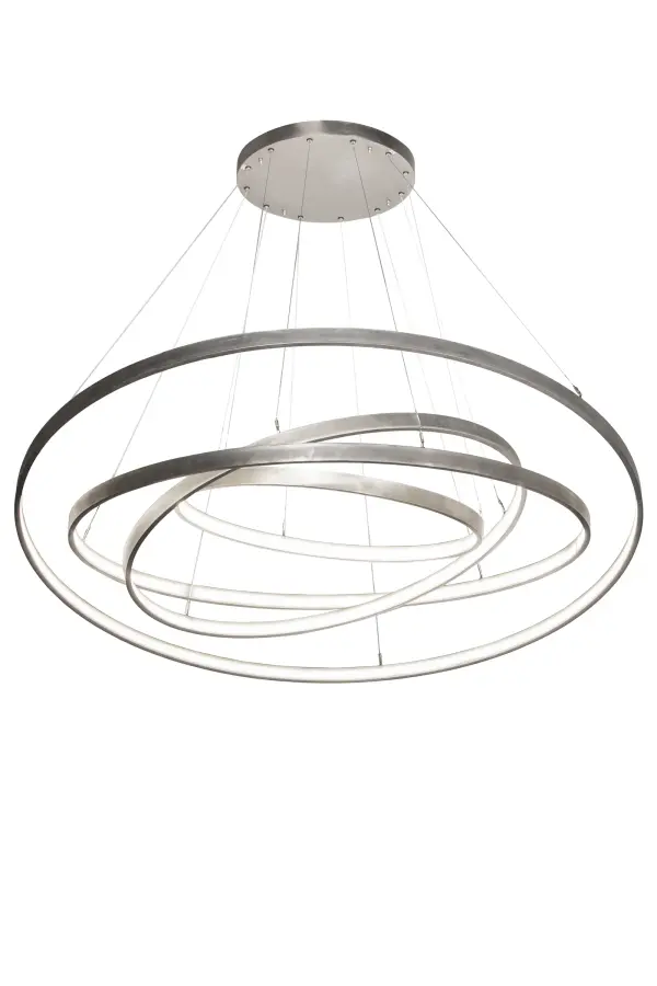 A modern sophisticated system featuring extraordinary elements of light. 4 Statuario Idalight rings illuminate and appear to float in space with a dramatic interplay of light and shadow. Supported by sturdy spacecraft cables embraced by a Matte Clear finished canopy. Energy saving; maintenance free Integral LED arrays deliver ambient illumination with long life; strong CRI and lumen output with full range dimming. Handmade by highly skilled artisans in Yorkville; New York. Custom sizes; styles and finishes are available; as well as other lamping options. This dramatic upscale pendant is UL and cUL listed for damp and dry locations.