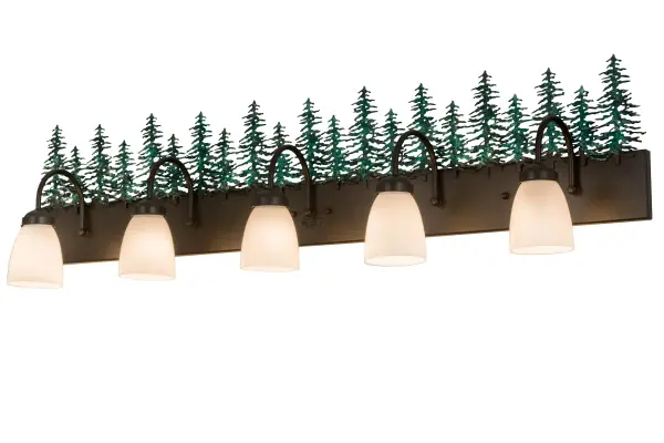 A mesmerizing stand of Hand-painted Green Tall Pine trees overlooks an array of five decorative White glass shades that are suspended by curved arms to a frame featured in a warm Timeless Bronze finish.Beautiful ambient light radiates from this wall fixture, which is perfect as a vanity light in a powder room or a wall sconce in a corridor.Custom crafted by Meyda artisans, the fixture is created in our manufacturing facility at the foothills of the spectacular Adirondack Mountains in the USA. Custom styles, sizes and colors are available, as well as dimmable energy-efficient lamping options.The fixture is UL and cUL listed for damp and dry locations. Collection: Tall Pines Finish: Timeless Bronze & Green Trees Glass: White Opal Glass Width: 48.00" Height: 12.50" Length: 8.50" Weight: 12.00 lb Extension from Wall: 8.50" Number of Bulbs: 5 Maximum Wattage: 60.00 W Bulb Type: A15 Bulb Base: E26 Material: Steel Country of Origin: USA Safety Listing: Damp Safety Rating: Damp