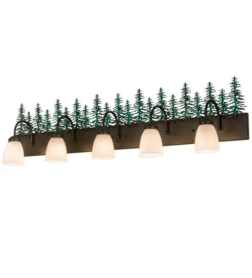 A mesmerizing stand of Hand-painted Green Tall Pine trees overlooks an array of five decorative White glass shades that are suspended by curved arms to a frame featured in a warm Timeless Bronze finish.Beautiful ambient light radiates from this wall fixture, which is perfect as a vanity light in a powder room or a wall sconce in a corridor.Custom crafted by Meyda artisans, the fixture is created in our manufacturing facility at the foothills of the spectacular Adirondack Mountains in the USA. Custom styles, sizes and colors are available, as well as dimmable energy-efficient lamping options.The fixture is UL and cUL listed for damp and dry locations. Collection: Tall Pines Finish: Timeless Bronze & Green Trees Glass: White Opal Glass Width: 48.00" Height: 12.50" Length: 8.50" Weight: 12.00 lb Extension from Wall: 8.50" Number of Bulbs: 5 Maximum Wattage: 60.00 W Bulb Type: A15 Bulb Base: E26 Material: Steel Country of Origin: USA Safety Listing: Damp Safety Rating: Damp - alternate view