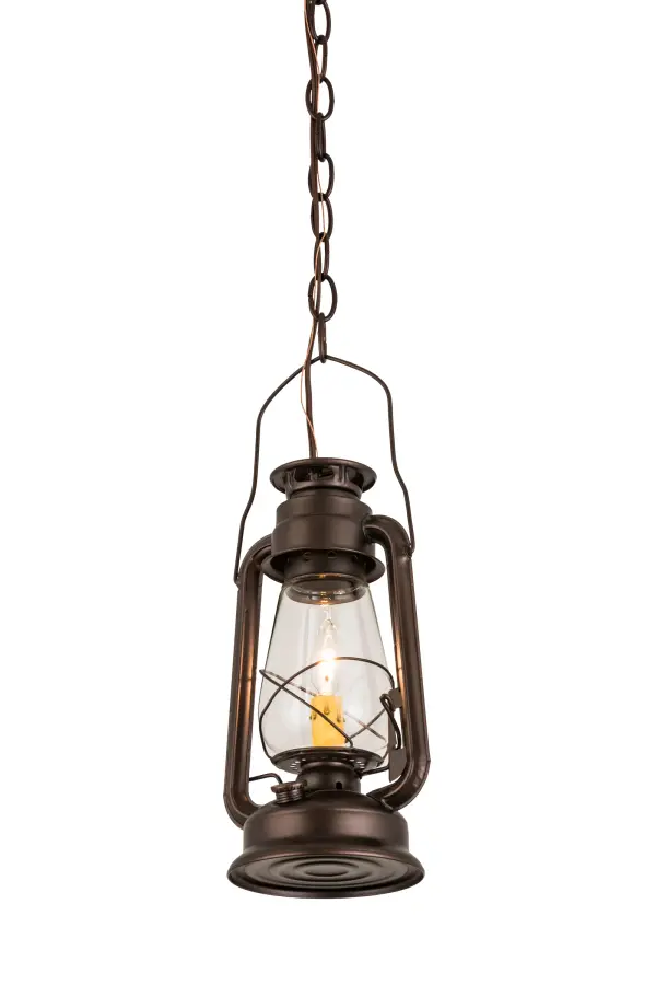 A dramatic, unique illuminating accent for a home, restaurant, retail or commercial environment, the Miners Lantern features handsome styling and creative allure. The lantern hardware and decorative accents are featured in a Mahogany Bronze finish, which complements the Clear Glass lens? revealing a candelabra bulb that illuminates from within. Custom crafted by Meyda artisans in the Yorkville, NY manufacturing facility in the USA, the mini pendant is available in custom sizes, styles, and colors, and with dimmable energy efficient lamping options. This fixture is UL and cUL listed for damp and dry locations. Collection: Miners Lantern Finish: Mahogany Bronze Glass: Clear Glass Width: 7.00" Height: 19.50" Length: 7.00" Weight: 2.50 lb Number of Bulbs: 1 Maximum Wattage: 60.00 W Bulb Type: BA9 Bulb Base: E12 Material: Steel Country of Origin: USA Safety Listing: Damp Safety Rating: Damp