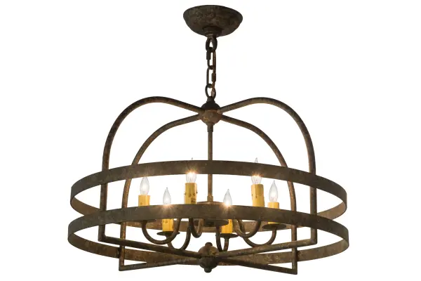 Combining a classic look with industrial styling. The Aldari chandelier features an Ivory 6-light faux candelabra which provides beautiful ambient lighting from within. A sturdy geometric frame is encircled by two rugged decorative rings for a unique look. The hardware is featured in an Golden Bronze finish. The overall height of this pendant ranges from 20.5 to 56 inches as the chain length can be easily adjusted in the field to accommodate your specific lighting application needs. Ideal for illuminating foyers; living spaces and other rooms in residential and commercial settings. Custom crafted by highly skilled artisans in our 180;000 square foot manufacturing facility in Yorkville; New York. UL and cUL listed for dry and damp locations.
