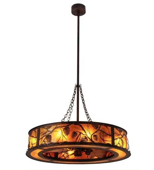 You can almost hear the whisper of the Pine Tree blowing in the wind, with its branches, pinecones and pine needles moving gently in the night air as the moon shines from above.This innovative Chandel-Air combines a custom lighting design with energy efficient fan technologies.8 customer supplied Medium based inner lights bring out the beauty of the Amber Mica while delivering soft ambient illumination.The decorative accents, frame and hardware are featured in a warm Mahogany Bronze finish.This fixture is handcrafted in Yorkville, New York.In summer, the fan pushes down a windchill that circulates to keep the space cool and comfortable.In winter, the fan is reversed to pull the room air up towards the ceiling and force the warm air back down and circulate to create warmth.Custom sizes, styles and colors are available.UL and cUL listed. Collection: Whispering Pines Finish: Mahogany Bronze Ob/Lok Glass: Amber Mica Oiled Bronze//Light Oak Blades Width: 44.00" Height: 72.00" Length: 44.00" Weight: 82.50 lb Number of Bulbs: 8 Maximum Wattage: 60.00 W Bulb Type: A19 Bulb Base: Medium Material: Steel Country of Origin: USA Safety Listing: Damp Safety Rating: Damp - alternate view