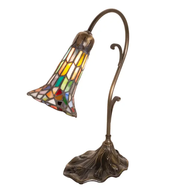 Inspired by Tiffany's famous Pond Lily design from the early 1900s... This mini lamp is created with a stunning variety of stained glass using the famous Meyda Tiffany copperfoil construction. The Pond Lily shade is embraced by an elegant cast metal base finished by hand in Antique Brass. The Pond Lily Mini Lamp is featured in our American designed; handcrafted Stained Glass Lighting Collection. UL and cUL listed for dry locations. Each shade is a unique work of art with color variations based on natural ingredients inherent in the glass. Contact us if color matching is critical when ordering multiple items.