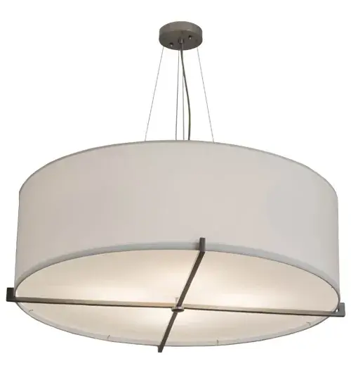 Designed with a curved profile and a clean architectural look; this appealing and versatile ceiling fixture reveals a sophisticated aesthetic. This pendant features an White Textrene shade enhanced with a Statuario Idalight bottom diffuser. The hardware; frame and crossbar design are featured in a Nickel powdercoat finish. Handcrafted by highly skilled artisans in our manufacturing facility in Upstate New York; this transitional styled pendant is available in a wide range of custom choices including various designs; colors; sizes and dimmable energy efficient lamping options such as LED. This pendant is UL and cUL listed for damp and dry locations. - alternate view