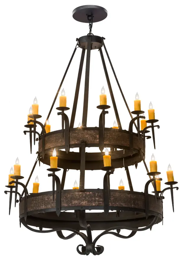 Two tiers are embellished with steel bands featured in a Blackened Copper finish and complemented with hardware in a Costello Black finish. 20 faux Amber candelights, featuring 10 on each tier, are perched on bobeches and provide beautiful ambient lighting. Individually handcrafted in Yorkville, New York by highly skilled Meyda artisans, this chandelier is available in custom sizes, finishes and designs as well as dimmable energy efficient lamping options. The fixture is UL and cUL listed for damp and dry locations. Collection: Costello Finish: Costello Black Glass: Amber Glass/Acrylic,Black Metal Finish Width: 56.00" Height: 75.00" Length: 56.00" Weight: 220.00 lb Number of Bulbs: 20 Maximum Wattage: 60.00 W Bulb Type: B10 Bulb Base: E12 Material: Steel Country of Origin: USA Safety Listing: Damp Safety Rating: Damp