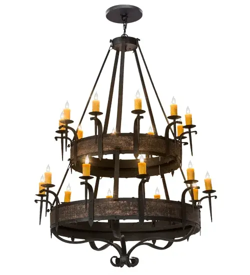 Two tiers are embellished with steel bands featured in a Blackened Copper finish and complemented with hardware in a Costello Black finish. 20 faux Amber candelights, featuring 10 on each tier, are perched on bobeches and provide beautiful ambient lighting. Individually handcrafted in Yorkville, New York by highly skilled Meyda artisans, this chandelier is available in custom sizes, finishes and designs as well as dimmable energy efficient lamping options. The fixture is UL and cUL listed for damp and dry locations. Collection: Costello Finish: Costello Black Glass: Amber Glass/Acrylic,Black Metal Finish Width: 56.00" Height: 75.00" Length: 56.00" Weight: 220.00 lb Number of Bulbs: 20 Maximum Wattage: 60.00 W Bulb Type: B10 Bulb Base: E12 Material: Steel Country of Origin: USA Safety Listing: Damp Safety Rating: Damp - alternate view