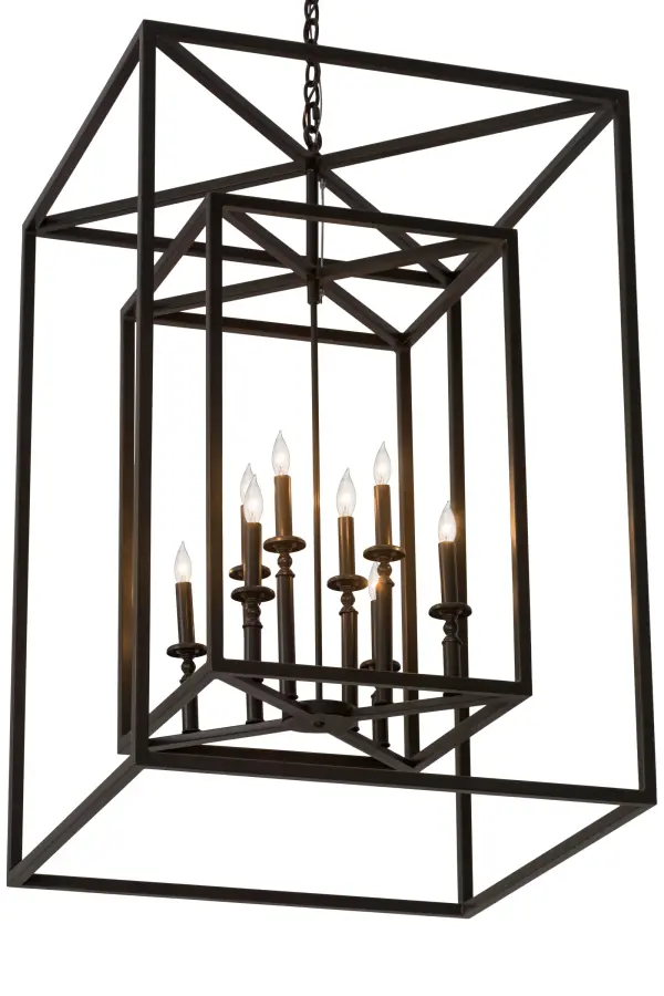 A sophisticated architecturally styled fixture is designed with a pizazz that is unique, fresh and stylish. Give your decor an extra edge with this breathtaking pendant, which is highlighted with a solid metal structure that reveals 8 faux candlelights. The hardware and frame are featured in a Timeless Bronze finish. Handcrafted in the USA, Kitzi is available in custom sizes, styles and finishes, as well as dimmable energy efficient lamping options. The 28-square fixture is UL and CUL listed for dry and wet locations. Collection: Kitzi Box Finish: Timeless Bronze Glass: Beige,Iridescent Width: 39.50" Height: 47.50" Length: 28.00" Weight: 50.00 lb Extension from Wall: 9.00" Number of Bulbs: 8 Maximum Wattage: 60.00 W Bulb Type: BA9 Bulb Base: E12 Material: Steel Country of Origin: USA Safety Listing: Damp Safety Rating: Damp