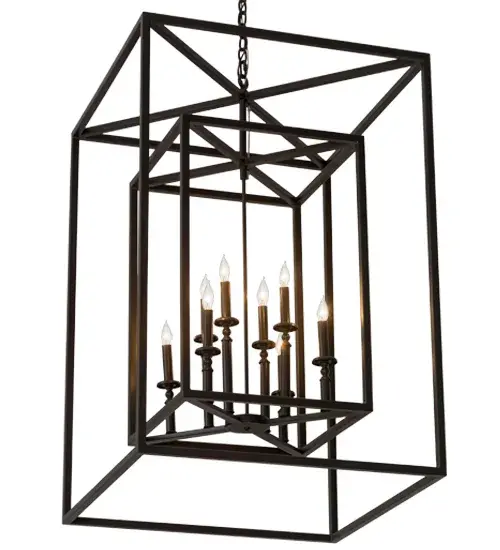 A sophisticated architecturally styled fixture is designed with a pizazz that is unique, fresh and stylish. Give your decor an extra edge with this breathtaking pendant, which is highlighted with a solid metal structure that reveals 8 faux candlelights. The hardware and frame are featured in a Timeless Bronze finish. Handcrafted in the USA, Kitzi is available in custom sizes, styles and finishes, as well as dimmable energy efficient lamping options. The 28-square fixture is UL and CUL listed for dry and wet locations. Collection: Kitzi Box Finish: Timeless Bronze Glass: Beige,Iridescent Width: 39.50" Height: 47.50" Length: 28.00" Weight: 50.00 lb Extension from Wall: 9.00" Number of Bulbs: 8 Maximum Wattage: 60.00 W Bulb Type: BA9 Bulb Base: E12 Material: Steel Country of Origin: USA Safety Listing: Damp Safety Rating: Damp - alternate view