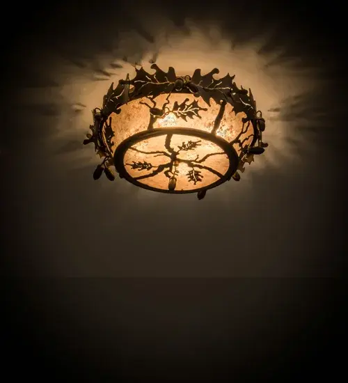 Invite the splendor of Mother Nature in all of its natural beauty.Antique Copper finished Acorns; Branches and Oak Leaves are featured against a stunning Silver Mica background and delicately adorn the border of this exquisite ceiling fixture.Custom sizes; colors; designs and dimmable energy efficient lamping options; such as LED; are available.The fixture is UL and cUL for damp and drylocations.