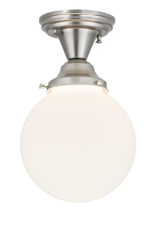 White Schoolhouse glass reflects an authentic classic globe styled design, a perfectly formed shade that was handcrafted with rich artisanship and style. Originally used in private residences, schools, galleries and libraries, this Schoolhouse electrical reproduction fixture will illuminate a broad range of interiors today. The flushmount is enhanced with hardware featured in a Brushed Nickel finish. The fixture is custom crafted in Upstate New York. Custom styles, colors, sizes and dimmable energy efficient lamping options such as LED are offered. The fixture is UL and cUL listed for damp and dry locations. Collection: Revival Finish: Brushed Nickel Glass: White Opal Glass Width: 8.00" Height: 13.00" Length: 8.00" Weight: 2.50 lb Number of Bulbs: 1 Maximum Wattage: 60.00 W Bulb Type: A15 Bulb Base: E26 Material: Metal Country of Origin: USA Safety Listing: Damp Safety Rating: Damp