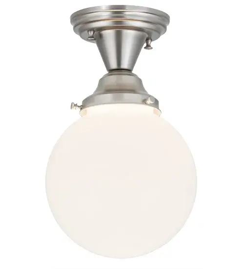 White Schoolhouse glass reflects an authentic classic globe styled design, a perfectly formed shade that was handcrafted with rich artisanship and style. Originally used in private residences, schools, galleries and libraries, this Schoolhouse electrical reproduction fixture will illuminate a broad range of interiors today. The flushmount is enhanced with hardware featured in a Brushed Nickel finish. The fixture is custom crafted in Upstate New York. Custom styles, colors, sizes and dimmable energy efficient lamping options such as LED are offered. The fixture is UL and cUL listed for damp and dry locations. Collection: Revival Finish: Brushed Nickel Glass: White Opal Glass Width: 8.00" Height: 13.00" Length: 8.00" Weight: 2.50 lb Number of Bulbs: 1 Maximum Wattage: 60.00 W Bulb Type: A15 Bulb Base: E26 Material: Metal Country of Origin: USA Safety Listing: Damp Safety Rating: Damp - alternate view