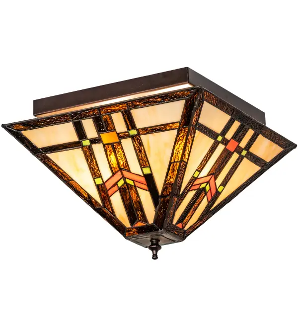 Clean geometric lines; structural details; and meticulous attention to quality are hallmarks of this lighting fixture. This appealing Mission-styled pendant features colorful interlocking blocks of Green and Sunburst art glass with Bark Brown Granite Glass to form stylized wheat stalks on a Creamy Beige background. The handcrafted art glass shade is embraced by hardware finished in Mahogany Bronze-the perfect illuminating centerpiece to enhance any decor for fine homes; restaurants; boutiques; and hotels. The Prairie Wheat Flushmount is included in our American-designed; handcrafted Mission Stained Glass Collection. The fixture is UL & cUL listed for dry and damp locations. Each shade is a unique work of art with color variations based on natural ingredients inherent in the glass.
