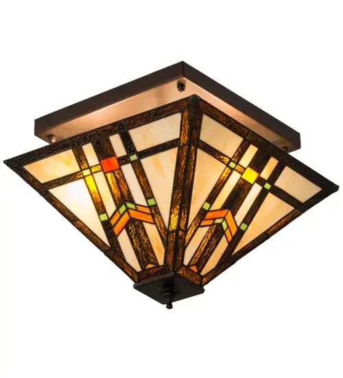 Clean geometric lines; structural details; and meticulous attention to quality are hallmarks of this lighting fixture. This appealing Mission-styled pendant features colorful interlocking blocks of Green and Sunburst art glass with Bark Brown Granite Glass to form stylized wheat stalks on a Creamy Beige background. The handcrafted art glass shade is embraced by hardware finished in Mahogany Bronze-the perfect illuminating centerpiece to enhance any decor for fine homes; restaurants; boutiques; and hotels. The Prairie Wheat Flushmount is included in our American-designed; handcrafted Mission Stained Glass Collection. The fixture is UL & cUL listed for dry and damp locations. Each shade is a unique work of art with color variations based on natural ingredients inherent in the glass. - alternate view
