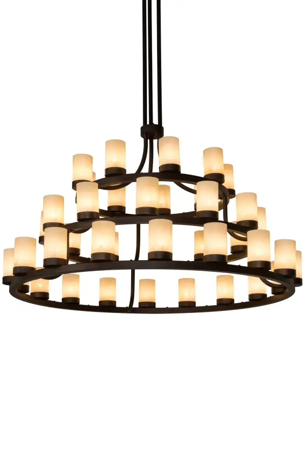Grand elegance and a refined sophistication come to light with Loxley; which is custom crafted with 39 Sahara Taupe Idalight Cylindres on three decorative rings featured in a Mahogany Bronze finish. Ideal for illuminating dining areas; conference tables; lobbies and other residential and commercial spaces. Handcrafted by highly skilled artisans in our manufacturing facility in Yorkville; NY. Custom colors; styles and sizes are available. Energy efficient lamping options such as LED are available. The 72-inch wide chandelier is UL and cUL listed for dry and damp locations.