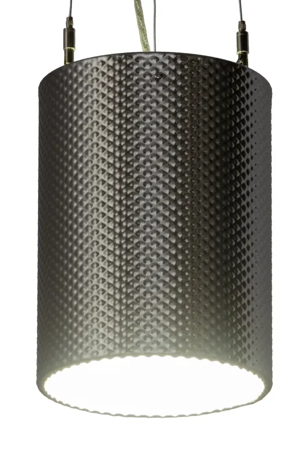 Add striking industrial chic to your decor with this Metal-Tex Weave pendant which features a durable; stunning texture that will add character depth and intrigue to a residential; hospitality or commercial environment. The cylindrical shaped pendant; which is featured with hardware in a striking Brushed Stainless Steel finish; is enhanced with a Statuario Idalight bottom diffuser. Robust illumination is delivered with integrated LEDs that are energy efficient and provide long lamp life. Custom crafted in the USA; this pendant is available in custom sizes; styles and finishes; as well as dimmable energy efficient lamping options. The fixture is UL and cUL listed for dry and damp locations.