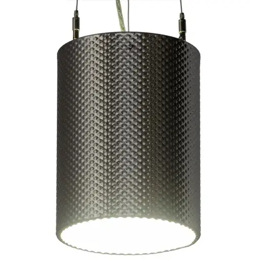 Add striking industrial chic to your decor with this Metal-Tex Weave pendant which features a durable; stunning texture that will add character depth and intrigue to a residential; hospitality or commercial environment. The cylindrical shaped pendant; which is featured with hardware in a striking Brushed Stainless Steel finish; is enhanced with a Statuario Idalight bottom diffuser. Robust illumination is delivered with integrated LEDs that are energy efficient and provide long lamp life. Custom crafted in the USA; this pendant is available in custom sizes; styles and finishes; as well as dimmable energy efficient lamping options. The fixture is UL and cUL listed for dry and damp locations. - alternate view