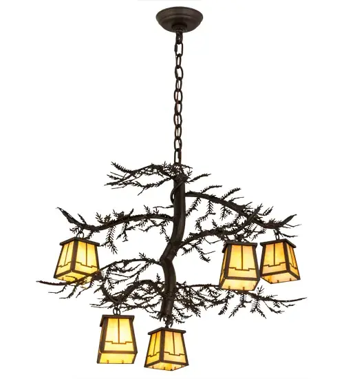 Like a guardian of the forest stretching towards the heavens, the noble Pine Tree branches burgeon with delicate needles that wheedle their bouquet from its bent trunk. Invite the natural charm of the American woodlands to create a dramatic design statement in a camp, lodge, home, cabin or business with this astonishing chandelier. Beautiful ambient light radiates from 5 stunning Beige art glass lanterns revealing an abstract Arts & Crafts style are complemented with hardware and decorative accents in a warm Oil Rubbed Bronze finish. The nature-inspired chandelier is handcrafted by highly skilled artisans in our American manufacturing facility at the foothills of the breathtaking Adirondack Mountains. Collection: Pine Branch Finish: Oil Rubbed Bronze Glass: Beige Iridescent Glass Width: 29.00" Height: 27.00" Length: 29.00" Weight: 15.00 lb Number of Bulbs: 5 Maximum Wattage: 60.00 W Bulb Type: T4 JCD Bulb Base: G9 Light Source: Halogen Material: Steel Country of Origin: USA Safety Listing: Damp Safety Rating: Damp - alternate view