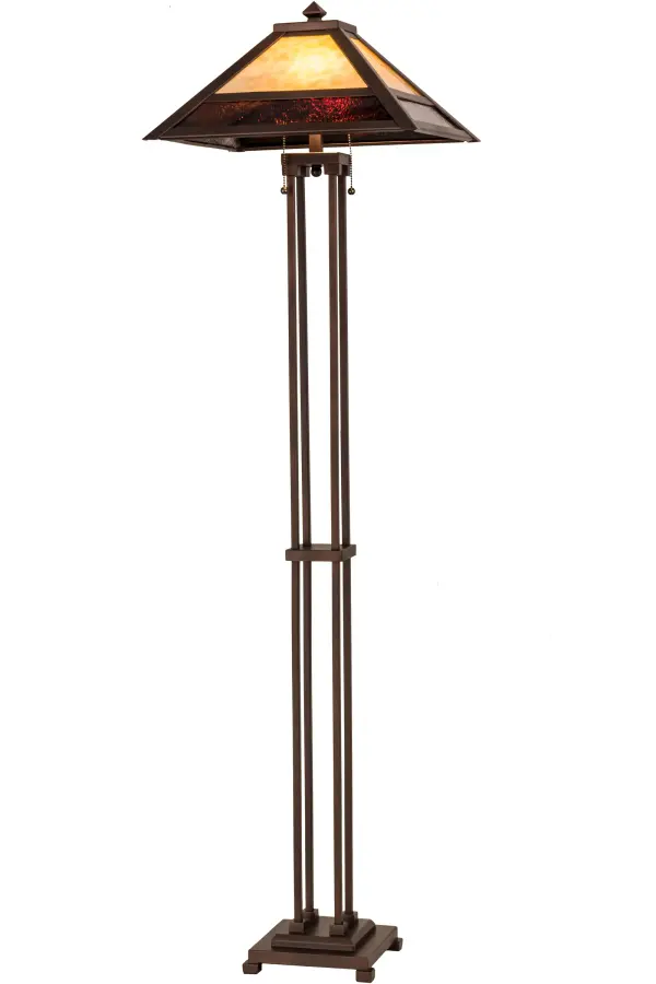 A stunning Mission styled lamp design inspired by the Arts & Crafts movement.A luxurious Beige art glass shade is trimmed with Root Beer glass and complemented with a Solid Brass frame.The decorative floor base is featured in a warm Mahogany Bronze finish.The lamp is the perfect illuminating accent for nearly any room and is available in custom colors; styles and sizes available.Energy efficient lamping options are offered. Handmade in the USA. UL and cUL listed for dry locations.