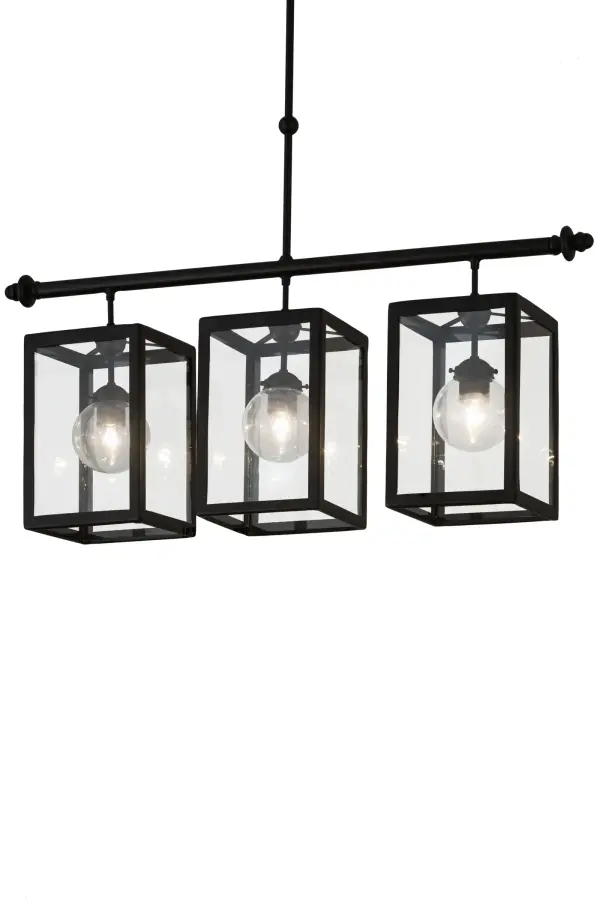Designed with bold geometric styling; the Quadrato features the perfect lighting design to illuminate islands; counters; bars; billiard/dining tables and other locations. Three Clear Glass shades; revealing orbs with customer-supplied 60-watt lamps; are enhanced with hardware and frames featured in a Textured Black finish. Handcrafted in the USA; this pendant is available in custom designs; colors and sizes; as well as dimmable energy efficient lamping options. UL and cUL listed for damp and dry locations.