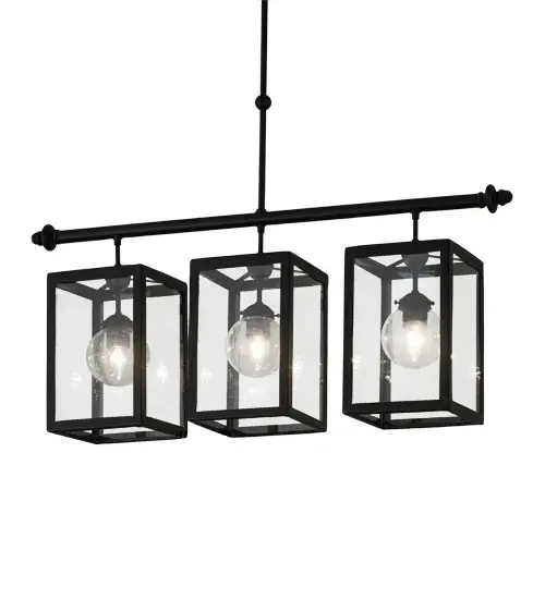 Designed with bold geometric styling; the Quadrato features the perfect lighting design to illuminate islands; counters; bars; billiard/dining tables and other locations. Three Clear Glass shades; revealing orbs with customer-supplied 60-watt lamps; are enhanced with hardware and frames featured in a Textured Black finish. Handcrafted in the USA; this pendant is available in custom designs; colors and sizes; as well as dimmable energy efficient lamping options. UL and cUL listed for damp and dry locations. - alternate view