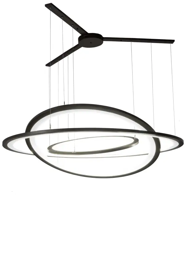 A modern sophisticated system featuring extraordinary adjustable elements of ambient light; 3 elliptic spectral halos appear to rotate in space and create a stunning visual effect and breathtaking drama. Supported by sturdy spacecraft cables for balance and precision; this custom configurable grouping of Bronze finished solid steel rings reveal Contrail Mist Idalight diffusers. Meyda's integral LEDs deliver dimmable; robust illumination; energy savings; minimal maintenance and long life. When 179169 is purchased with 179176 and 179175 as set of 3; it becomes 185013 and is a value package. Custom sizes; styles and finishes are available; as well as other lamping options. UL and cUL listed for dry and damp locations.