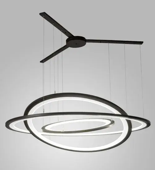 A modern sophisticated system featuring extraordinary adjustable elements of ambient light; 3 elliptic spectral halos appear to rotate in space and create a stunning visual effect and breathtaking drama. Supported by sturdy spacecraft cables for balance and precision; this custom configurable grouping of Bronze finished solid steel rings reveal Contrail Mist Idalight diffusers. Meyda's integral LEDs deliver dimmable; robust illumination; energy savings; minimal maintenance and long life. When 179169 is purchased with 179176 and 179175 as set of 3; it becomes 185013 and is a value package. Custom sizes; styles and finishes are available; as well as other lamping options. UL and cUL listed for dry and damp locations. - alternate view