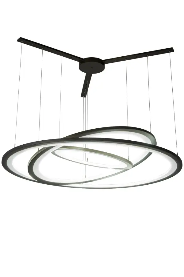 A modern sophisticated system featuring extraordinary adjustable elements of ambient light; 3 elliptic spectral halos appear to rotate in space and create a stunning visual effect and breathtaking drama. Supported by sturdy spacecraft cables for balance and precision; this custom configurable grouping of Bronze finished solid steel rings reveal Contrail Mist Idalight diffusers. Meyda's integral LEDs deliver dimmable; robust illumination; energy savings; minimal maintenance and long life. When 179175 is purchased with 179176 and 179169 as a set of 3; it becomes 185013 and is a value package. Custom sizes; styles and finishes are available as well as other lamping options. UL and cUL listed for damp and dry locations.