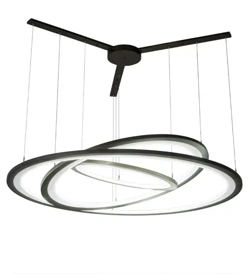 A modern sophisticated system featuring extraordinary adjustable elements of ambient light; 3 elliptic spectral halos appear to rotate in space and create a stunning visual effect and breathtaking drama. Supported by sturdy spacecraft cables for balance and precision; this custom configurable grouping of Bronze finished solid steel rings reveal Contrail Mist Idalight diffusers. Meyda's integral LEDs deliver dimmable; robust illumination; energy savings; minimal maintenance and long life. When 179175 is purchased with 179176 and 179169 as a set of 3; it becomes 185013 and is a value package. Custom sizes; styles and finishes are available as well as other lamping options. UL and cUL listed for damp and dry locations. - alternate view