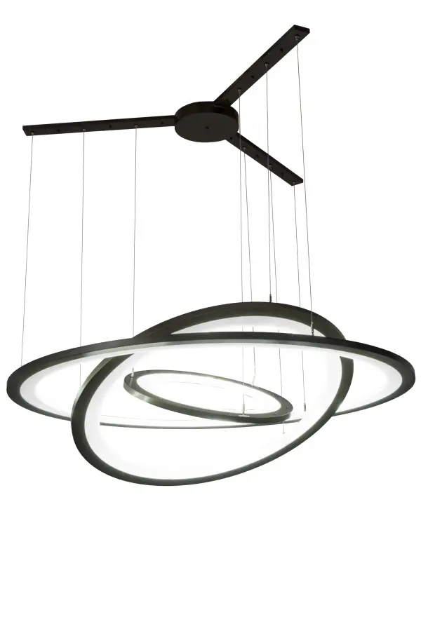 A modern sophisticated system featuring extraordinary adjustable elements of ambient light; 3 elliptic spectral halos appear to rotate in space and create a stunning visual effect and breathtaking drama. Supported by sturdy spacecraft cables for balance and precision; this custom configurable grouping of Bronze finished solid steel rings reveal Contrail Mist Idalight diffusers. Meyda's integral LEDs deliver dimmable; robust illumination; energy savings; minimal maintenance and long life. When 179176 is purchased with 179175 and 179169 as a set of 3; it becomes 185013 and is a value package. Custom sizes; styles and finishes are available as well as other lamping options. UL and cUL listed for damp and dry locations.