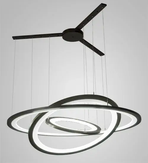 A modern sophisticated system featuring extraordinary adjustable elements of ambient light; 3 elliptic spectral halos appear to rotate in space and create a stunning visual effect and breathtaking drama. Supported by sturdy spacecraft cables for balance and precision; this custom configurable grouping of Bronze finished solid steel rings reveal Contrail Mist Idalight diffusers. Meyda's integral LEDs deliver dimmable; robust illumination; energy savings; minimal maintenance and long life. When 179176 is purchased with 179175 and 179169 as a set of 3; it becomes 185013 and is a value package. Custom sizes; styles and finishes are available as well as other lamping options. UL and cUL listed for damp and dry locations. - alternate view