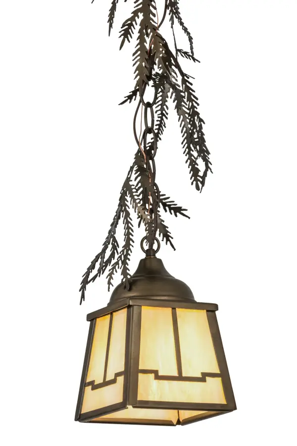 The natural Craftsman beauty of the American woodlands comes to light as delicate Pine needles adorn the hardware of this single Beige Iridescent art glass shade featuring an abstract expression Valley View design. The shade is complemented with Antique Copper finished frame; decorative accents and hardware. Custom crafted by highly skilled artisans in the foothills of the Adirondack Mountains; this mini pendant can be installed in multiples across an island; table or bar. The fixture is available in special sizes; colors and finishes; as well as dimmable energy efficient lamping options such as LED. The pendant is UL and cUL listed for damp and dry locations.