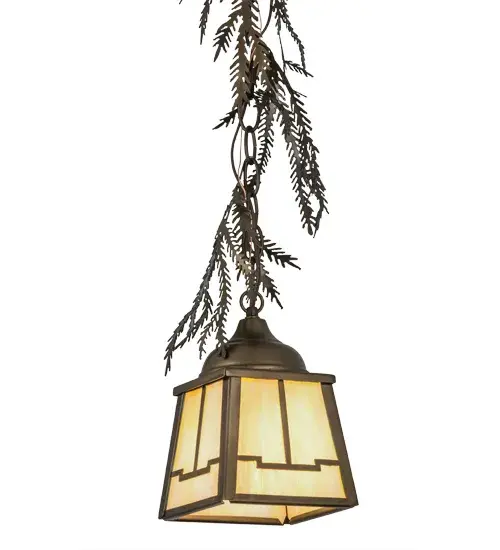 The natural Craftsman beauty of the American woodlands comes to light as delicate Pine needles adorn the hardware of this single Beige Iridescent art glass shade featuring an abstract expression Valley View design. The shade is complemented with Antique Copper finished frame; decorative accents and hardware. Custom crafted by highly skilled artisans in the foothills of the Adirondack Mountains; this mini pendant can be installed in multiples across an island; table or bar. The fixture is available in special sizes; colors and finishes; as well as dimmable energy efficient lamping options such as LED. The pendant is UL and cUL listed for damp and dry locations. - alternate view