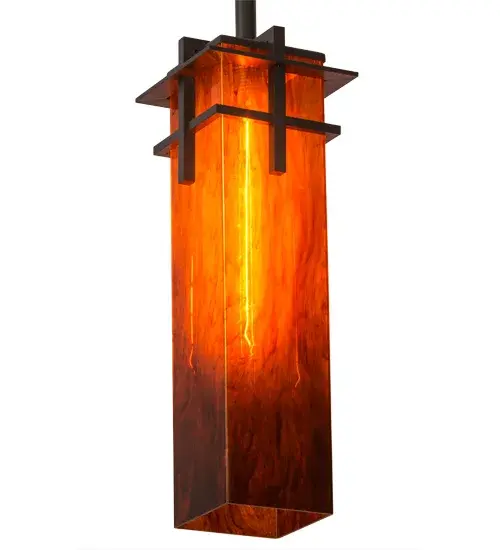 Craftsman minimalist styling is updated with a stunning modern look. Quadrato Firebird brandishes a column shaped Maduro Idalight diffuser featuring artful glass-like streaks and a unique textured look while evoking beautiful ambient illumination. The striking diffuser is paired with a traversed metal motif featured in a Timeless Bronze finish to match the hardware. Handcrafted by highly skilled artisans in our manufacturing facility in Upstate New York; this pendant is available in a wide range of custom choices including various designs; colors; sizes and dimmable energy efficient lamping options such as LED. The 55-inch tall fixture is UL and cUL listed for damp and dry locations. - alternate view
