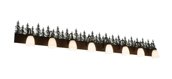 A mesmerizing stand of Green Handpainted Tall Pine tree silhouettes overlook an array of eight White Opal Glass Goblet styled shades that are suspended by curved arms to a frame featured in a Caf? Noir finish. Beautiful ambient light radiates from this massive wall fixture which is perfect as a vanity light in a powder room or a wall sconce in a corridor or other rooms. This dramatic luminaire is Made to Order in our 180;000 square foot manufacturing facility in Yorkville; NY; at the foothills of the spectacular Adirondack Mountains. Shade colors; fixture designs/sizes and metal finishes can be customized. UL and cUL listed for dry and damp locations.