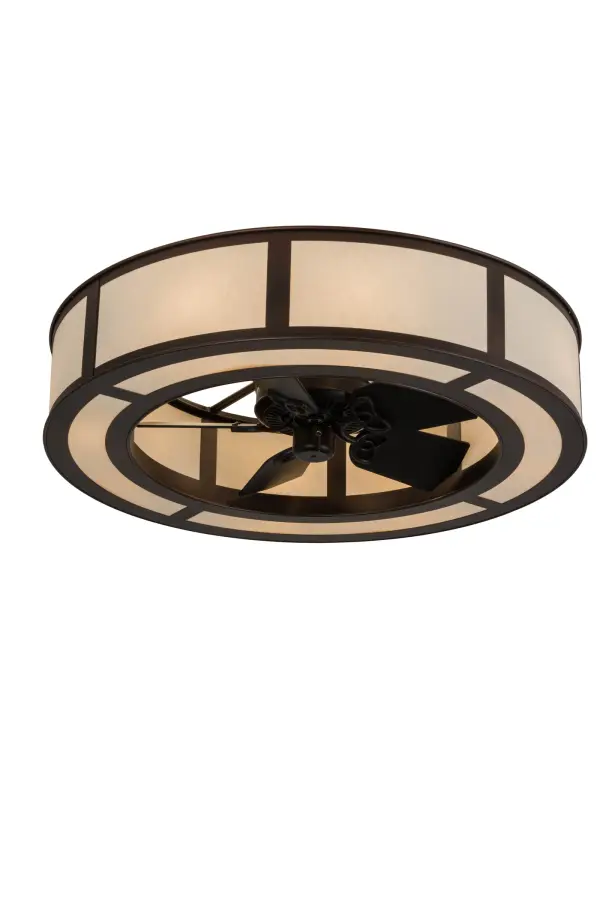 A modern marvel that enhances residential and commercial settings, this custom fan-integrated lighting fixture features stunning Natural Textrene with a matching bottom diffuser, complemented with a Mahogany Bronze finish. Multiple layers of light for different moods and tasks include 8 inner lights that provide a stunning decorative effect and 4 uplights deliver beautiful ambient lighting. In summer, the fan pushes down a windchill that circulates to keep the space cool and comfortable. In winter, the fan is reversed to pull the room air towards the ceiling and force the warm air back into your space. The Smythe Craftsman Chandel-Air is included in our American-made, American-designed handcrafted Chandel-Air Collection. Manufactured in Yorkville, NY. UL & cUL listed for dry and damp locations. Collection: Smythe Craftsman Finish: Mahogany Bronze Glass: Beige Textrene Width: 44.50" Height: 17.50" Length: 44.50" Weight: 70.50 lb Number of Bulbs: 8 Maximum Wattage: 60.00 W Bulb Type: A19 Bulb Base: E26 Material: Steel Country of Origin: USA Safety Listing: Dry Safety Rating: Dry