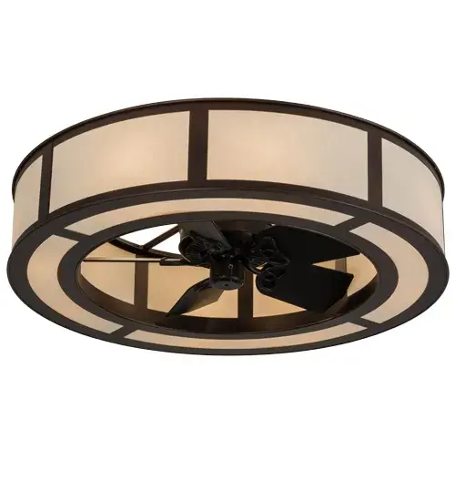 A modern marvel that enhances residential and commercial settings, this custom fan-integrated lighting fixture features stunning Natural Textrene with a matching bottom diffuser, complemented with a Mahogany Bronze finish. Multiple layers of light for different moods and tasks include 8 inner lights that provide a stunning decorative effect and 4 uplights deliver beautiful ambient lighting. In summer, the fan pushes down a windchill that circulates to keep the space cool and comfortable. In winter, the fan is reversed to pull the room air towards the ceiling and force the warm air back into your space. The Smythe Craftsman Chandel-Air is included in our American-made, American-designed handcrafted Chandel-Air Collection. Manufactured in Yorkville, NY. UL & cUL listed for dry and damp locations. Collection: Smythe Craftsman Finish: Mahogany Bronze Glass: Beige Textrene Width: 44.50" Height: 17.50" Length: 44.50" Weight: 70.50 lb Number of Bulbs: 8 Maximum Wattage: 60.00 W Bulb Type: A19 Bulb Base: E26 Material: Steel Country of Origin: USA Safety Listing: Dry Safety Rating: Dry - alternate view