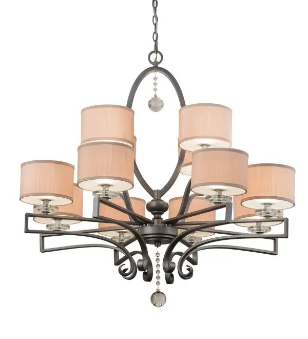 Grand scale and dramatic styling are combined for a truly stunning look. The Croix Chandelier features 12 round Cream Textrene shades which are trimmed and pleated for a stunning look. The HandForged Iron scrollwork, frame, and hardware are offered in a Blackened Pewter finish. The overall height of this chandelier ranges from 42 to 162 inches as the chain length can be easily adjusted in the field to accommodate your specific lighting application needs. Handcrafted in our 180,000 square foot manufacturing facility in Yorkville, NY. Custom options available. UL and cUL listed for dry and damp locations, however, we do not recommend installing it in spaces that experience a large amount of moisture due to the fabric shades. Collection: Croix Finish: Blackened Pewter Glass: Iridescent Champagne Fabric Width: 40.00" Height: 42.00" Length: 40.00" Weight: 36.00 lb Extension from Wall: 6.25" Number of Bulbs: 12 Maximum Wattage: 60.00 W Bulb Type: BA9 Bulb Base: E12 Material: Steel Country of Origin: USA Safety Listing: Dry Safety Rating: Dry