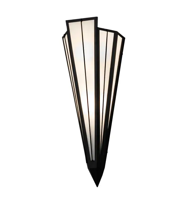 White art glass is transformed into a cool abstract lighting design similar to the famed deco designs showcased in Classic Hollywood theaters. Striking art glass defines an extraordinary V shaped sconce which is complemented with decorative accents; frame and hardware featured in a Textured Black finish. The fixture is ideal for foyers; corridors and other interiors in homes; home theaters; resorts; hotels and restaurants. Custom crafted by Meyda artisans in the USA; this fixture is available in custom designs; sizes and colors; as well as dimmable energy efficient lamping options such as LED. The sconce is UL and cUL listed for damp and dry locations.