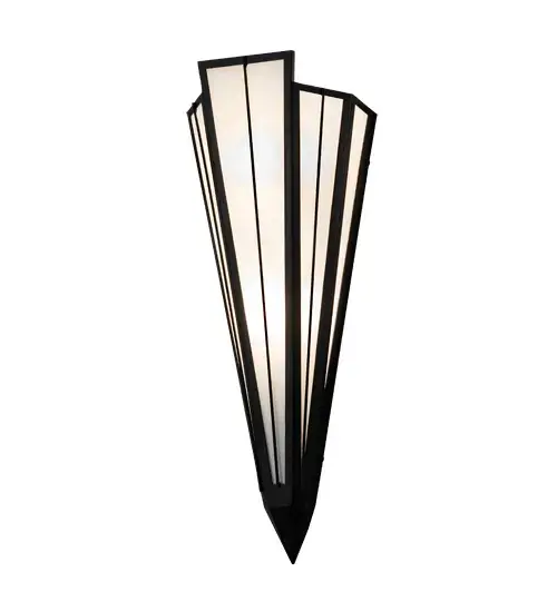 White art glass is transformed into a cool abstract lighting design similar to the famed deco designs showcased in Classic Hollywood theaters. Striking art glass defines an extraordinary V shaped sconce which is complemented with decorative accents; frame and hardware featured in a Textured Black finish. The fixture is ideal for foyers; corridors and other interiors in homes; home theaters; resorts; hotels and restaurants. Custom crafted by Meyda artisans in the USA; this fixture is available in custom designs; sizes and colors; as well as dimmable energy efficient lamping options such as LED. The sconce is UL and cUL listed for damp and dry locations. - alternate view