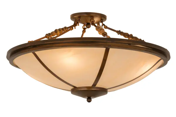 A stunning transitional look for your home or business. Designed with warm Botticino Idalight enhanced by a cool Nickel powder coated finish. The graceful supports featured decorative accents Not just limited to Tiffanies and rustic, we offer every type of lighting from contemporary and modern to the transitional and custom. The fixture was handcrafted by Meyda artisans in our factory in Yorkville, New York. Energy efficient lamping options offered. UL and cUL listed for dry and damp locations. Collection: Commerce Finish: Vintage Copper Glass: Sahara Taupe Idalight Width: 31.00" Height: 18.00" Length: 31.00" Weight: 21.50 lb Number of Bulbs: 4 Maximum Wattage: 60.00 W Bulb Type: A19 Bulb Base: E26 Material: Steel Country of Origin: USA Safety Listing: Damp Safety Rating: Damp