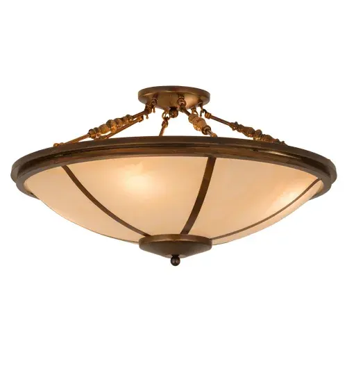A stunning transitional look for your home or business. Designed with warm Botticino Idalight enhanced by a cool Nickel powder coated finish. The graceful supports featured decorative accents Not just limited to Tiffanies and rustic, we offer every type of lighting from contemporary and modern to the transitional and custom. The fixture was handcrafted by Meyda artisans in our factory in Yorkville, New York. Energy efficient lamping options offered. UL and cUL listed for dry and damp locations. Collection: Commerce Finish: Vintage Copper Glass: Sahara Taupe Idalight Width: 31.00" Height: 18.00" Length: 31.00" Weight: 21.50 lb Number of Bulbs: 4 Maximum Wattage: 60.00 W Bulb Type: A19 Bulb Base: E26 Material: Steel Country of Origin: USA Safety Listing: Damp Safety Rating: Damp - alternate view