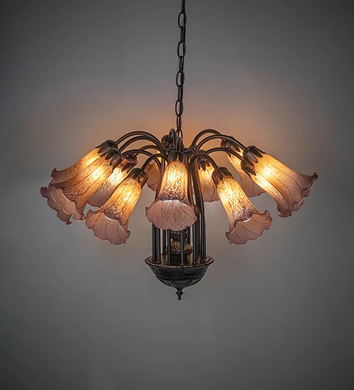 24" Wide Amber/Purple Tiffany Pond Lily 12 Light Chandelier