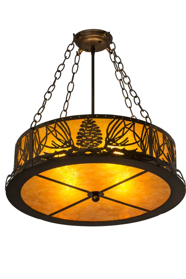 Rustic charm comes alive with beautiful ambient light through a stunning Amber Mica lens with a matching bottom diffuser.This nature inspired fixture is accentuated with Antique Copper finished pine cones and pine needles for a dramatic look.The breathtaking semi-flushmount is handcrafted by highly skilled artisans in our manufacturing facility at the foothills of the spectacular Adirondack Mountains. Custom designs, sizes and colors are offered. Energy efficient lamping options such as LEDs are available.The fixture is UL and cUL listed for damp and dry locations. Collection: Mountain Pine Finish: Antique Copper Glass: Amber Mica Width: 22.00" Height: 23.00" Length: 22.00" Weight: 10.00 lb Number of Bulbs: 4 Maximum Wattage: 60.00 W Bulb Type: A19 Bulb Base: E26 Material: Steel Country of Origin: USA Safety Listing: Damp Safety Rating: Damp